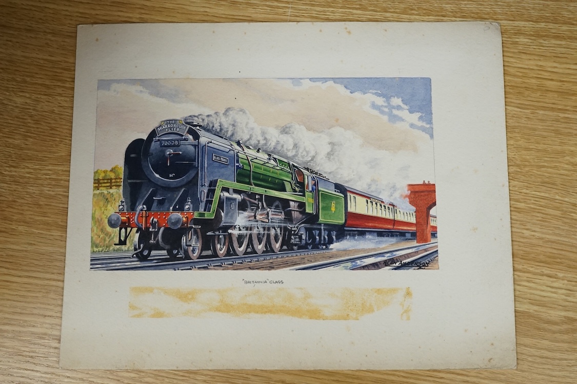 Alan Anderson, set of four original watercolours for postcard designs, vintage steam trains, to include British Rail Britannia Class No 70008 Black Prince, Coronation Class No 46259, City of Salford and Merchant Navy Cla